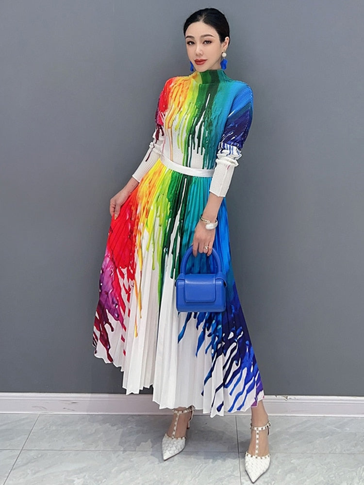 Classy Chic Colorful Long Sleeve Turtleneck Top & Long Pleated Skirt 2-Piece Set