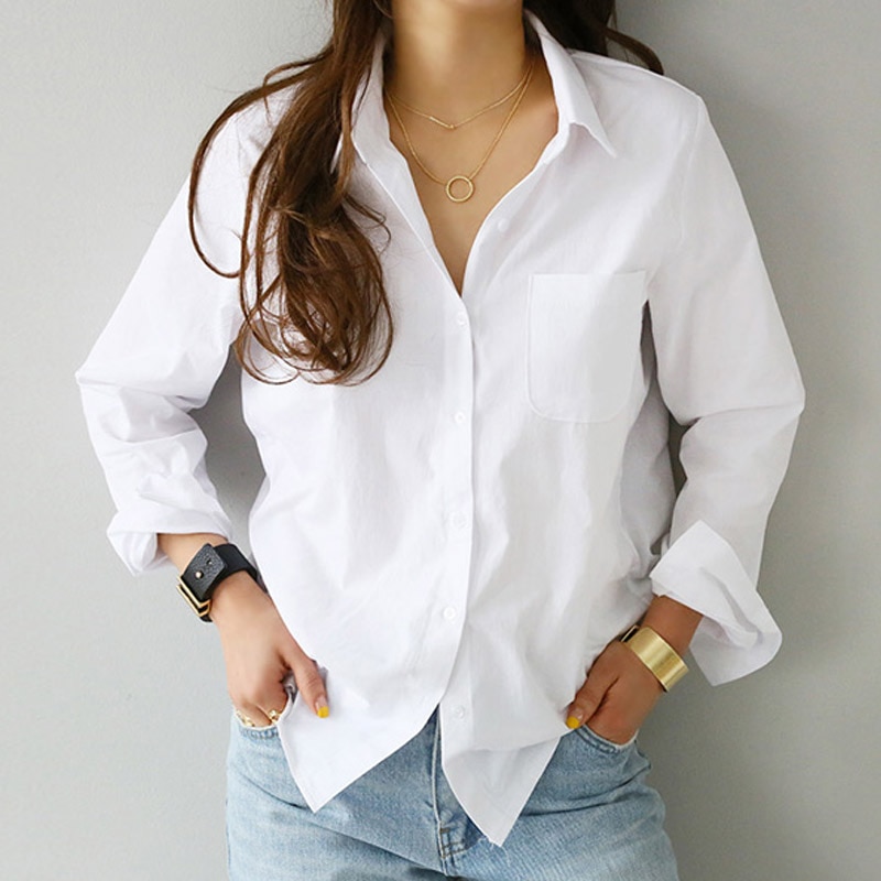 Spring One Pocket Women's Shirt Feminine Blouse Top Long Sleeve Casual White Turn-down Collar OL Style Women Loose Blouses