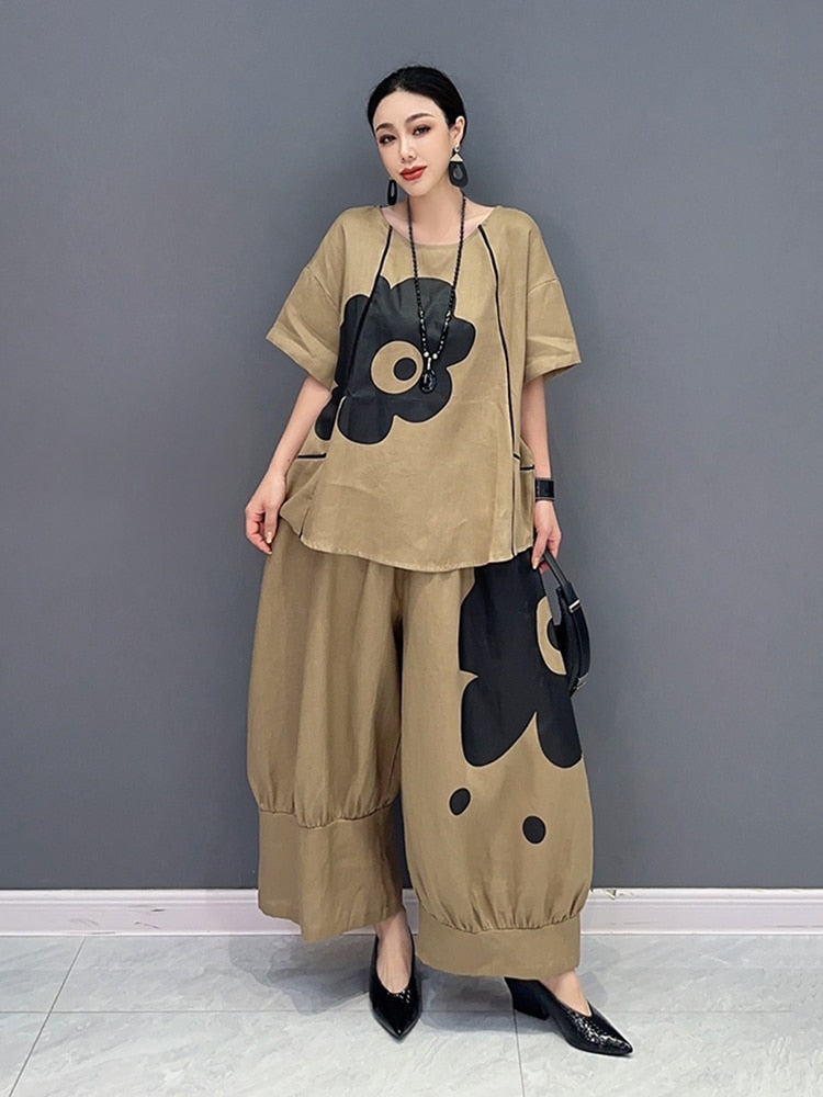 Khaki Short Sleeve Floral Tunic Top & Wide Leg Pants 2-Piece Set