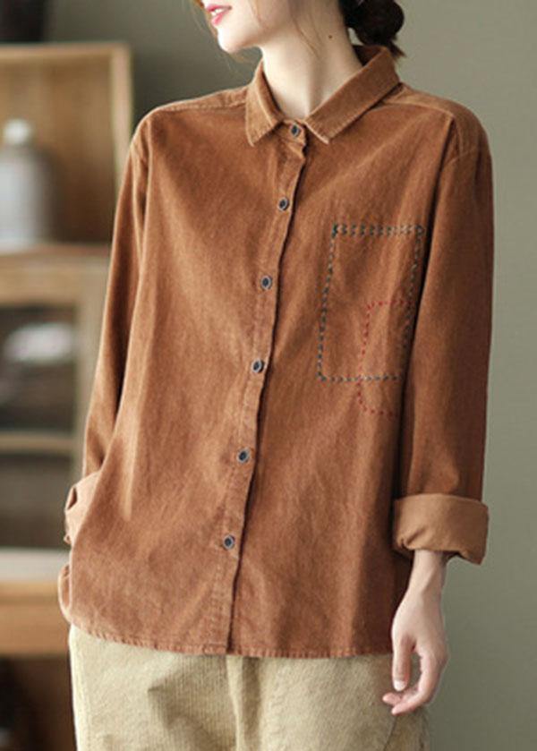 Style Red Retro Peter Pan Collar Button Fall Corduroy Long Sleeve Tops