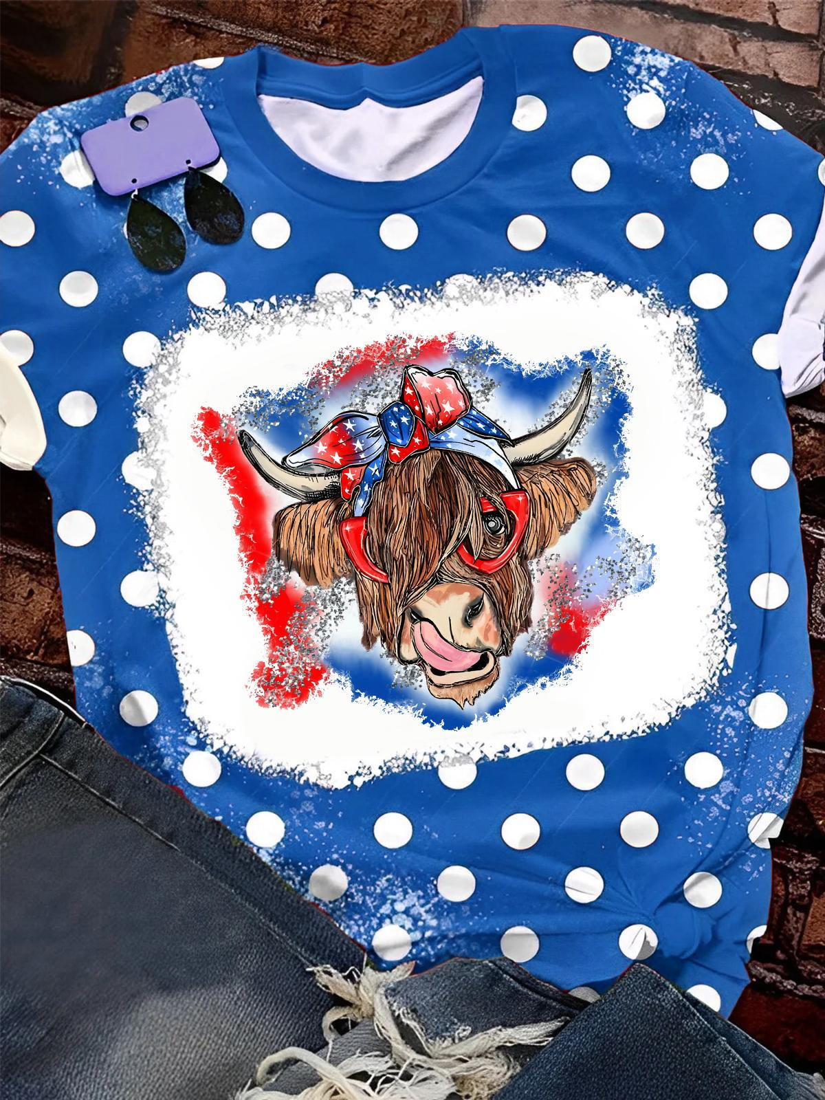 Cow American Flag Crew Neck T-shirt