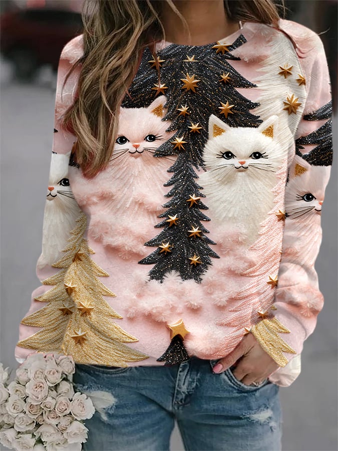 Women's Christmas Cat Print Sweatshirt