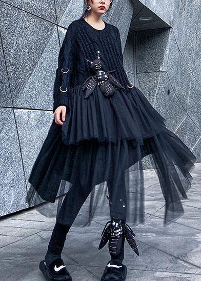 Oversized black Sweater Vintage o neck Three-dimensional decoration Big spring sweater dresses