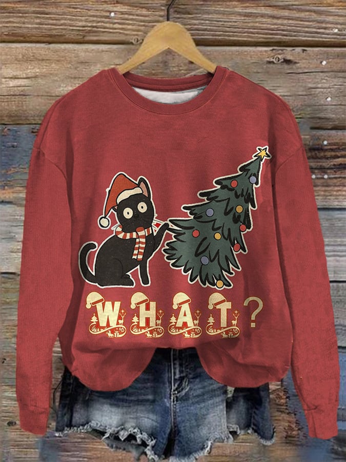 Women's Vintage Christmas Black Cat Print Sweatshirt