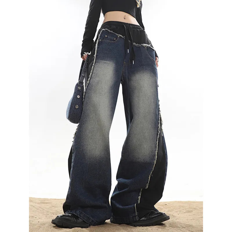 Classic Retro Elastic Waist Wide Leg Denim Pants