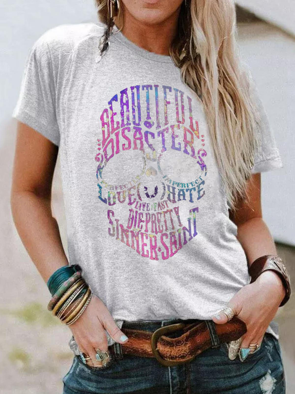 Beautiful Disaster Skull Print T-Shirt
