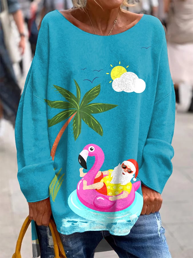 Women's Hawaiian Santa Print French Cashmere Crew Neck Top