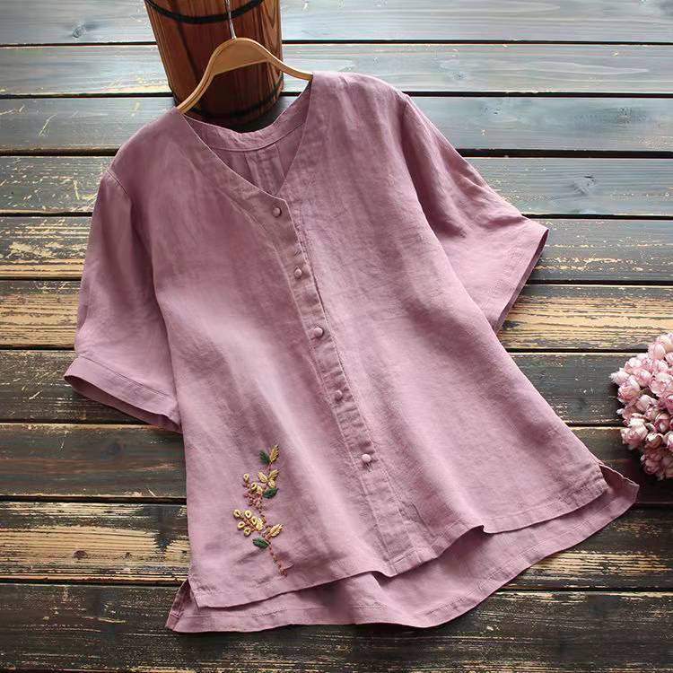 Linen Cotton Embroider Casual Shirt-Buy 3 Free Shipping