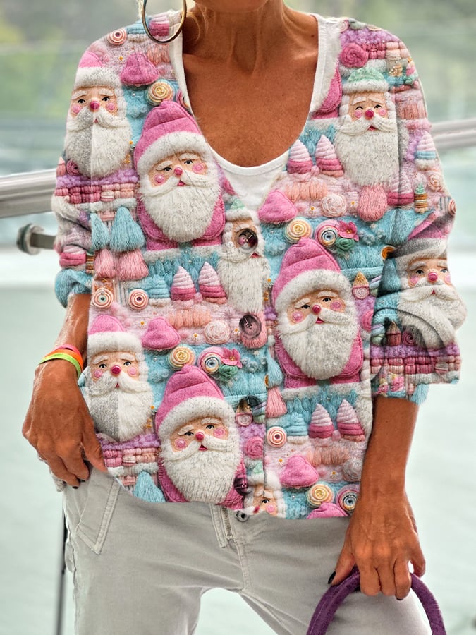 Women's Pink Santa Claus French Cashmere V-Neck Cardigan