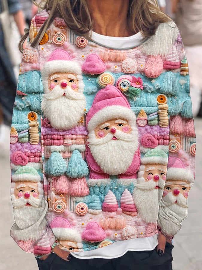 Women's Pink Santa Print Long Sleeve Top