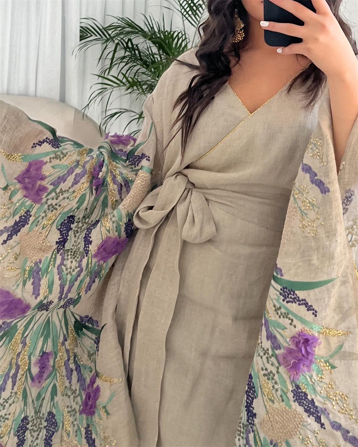 Floral Print Linen Cardigan Bat Sleeve Dress